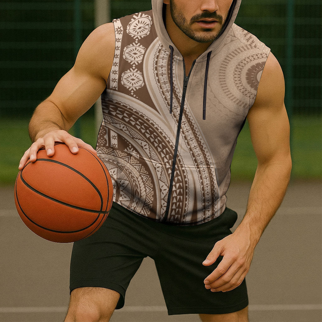 Bula Fiji Vintage Tapa Sleeveless Zip Hoodie Kaivity Masi Wave Motifs - Mocha