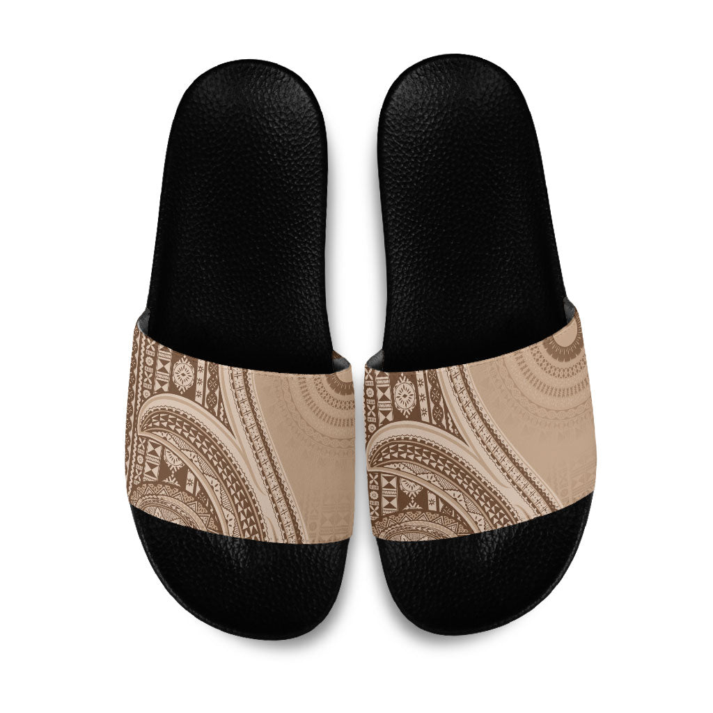Bula Fiji Vintage Tapa Slide Sandals Kaivity Masi Wave Motifs - Mocha