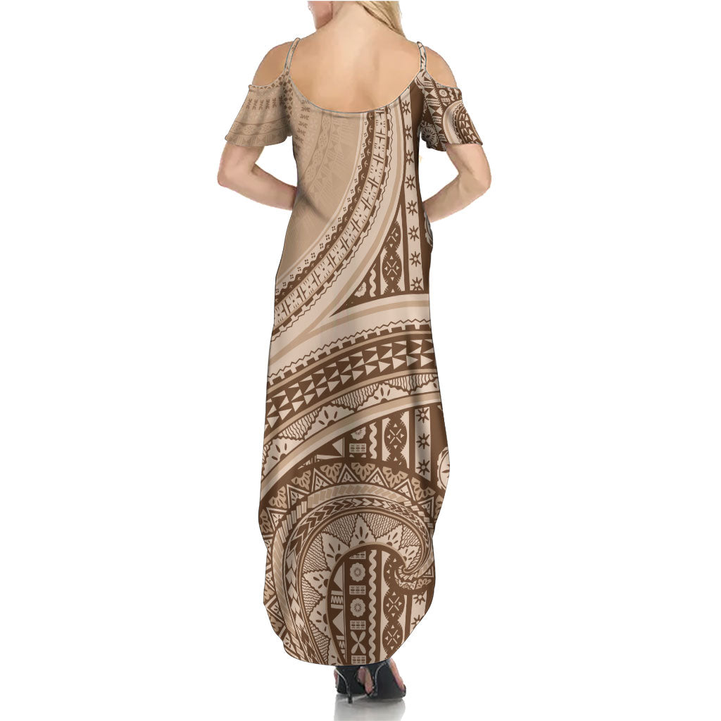 Bula Fiji Vintage Tapa Summer Maxi Dress Kaivity Masi Wave Motifs - Mocha