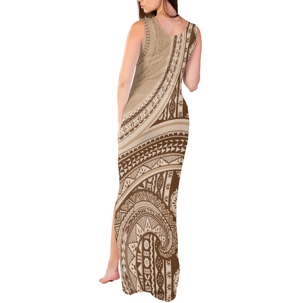 Bula Fiji Vintage Tapa Tank Maxi Dress Kaivity Masi Wave Motifs - Mocha