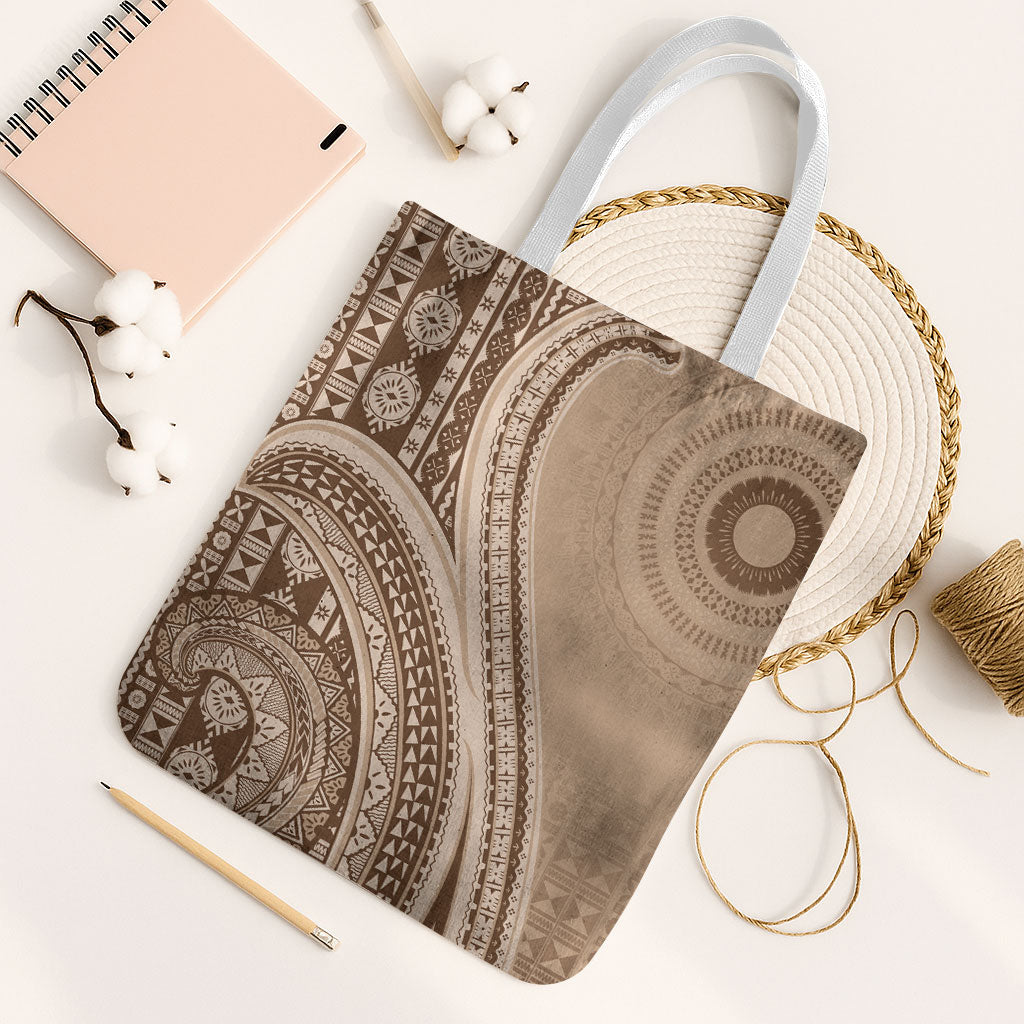 Bula Fiji Vintage Tapa Tote Bag Kaivity Masi Wave Motifs - Mocha
