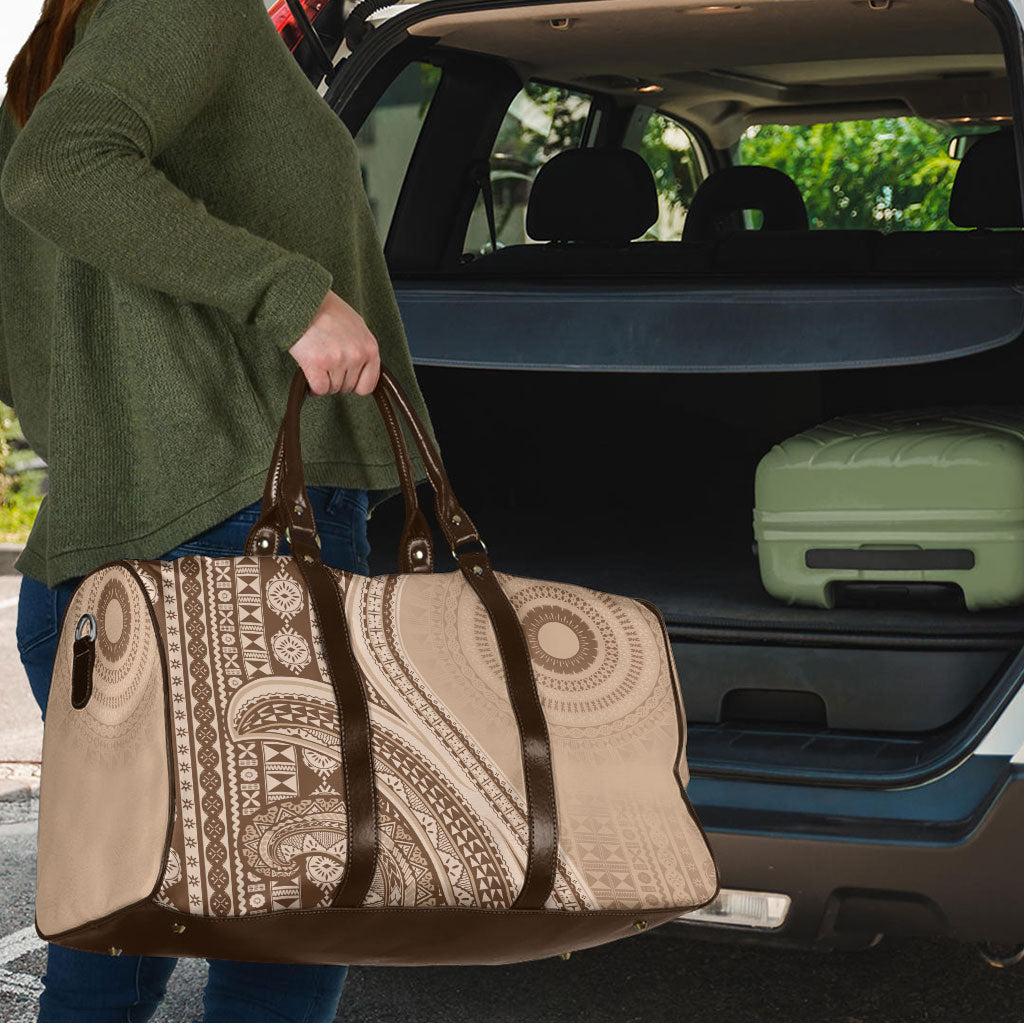 Bula Fiji Vintage Tapa Travel Bag Kaivity Masi Wave Motifs - Mocha