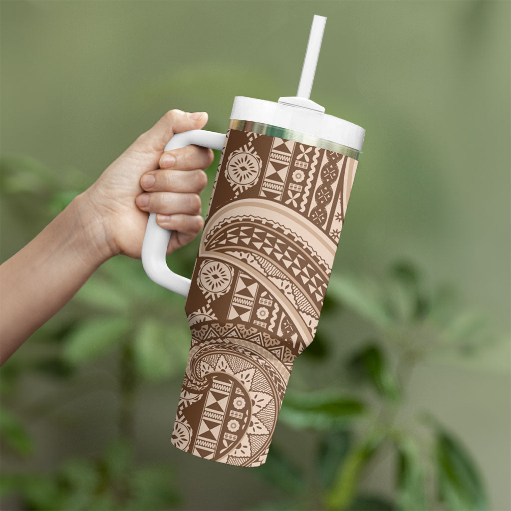 Bula Fiji Vintage Tapa Tumbler With Handle Kaivity Masi Wave Motifs - Mocha