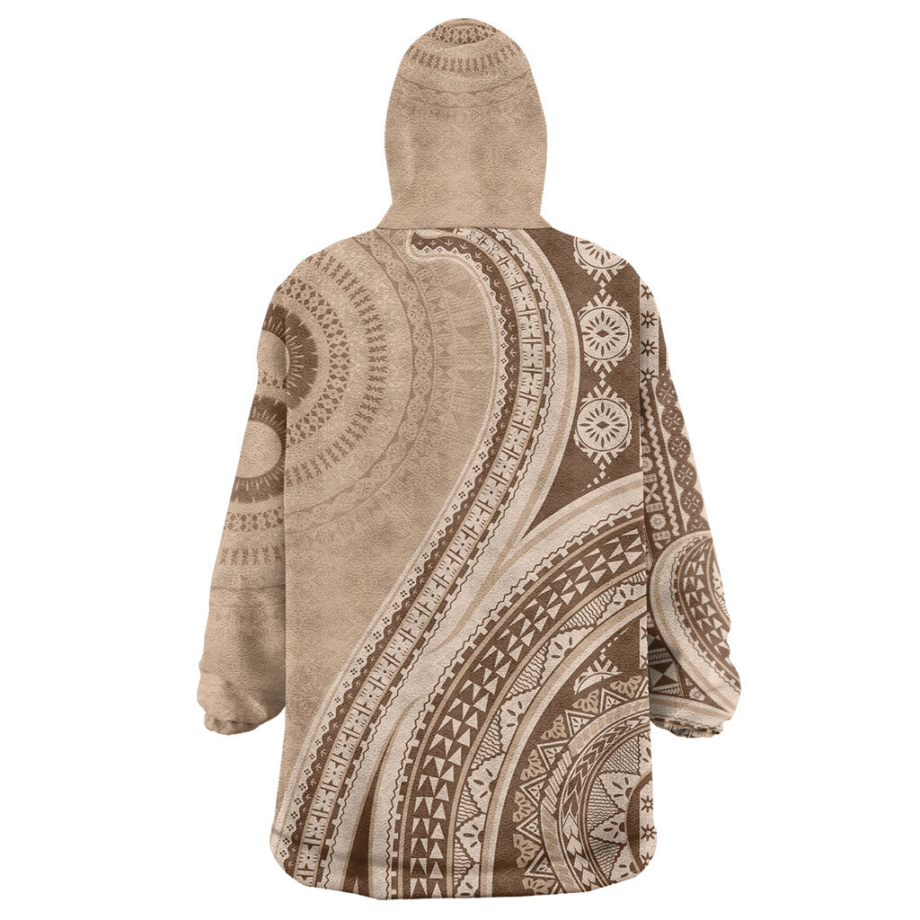 Bula Fiji Vintage Tapa Wearable Blanket Hoodie Kaivity Masi Wave Motifs - Mocha