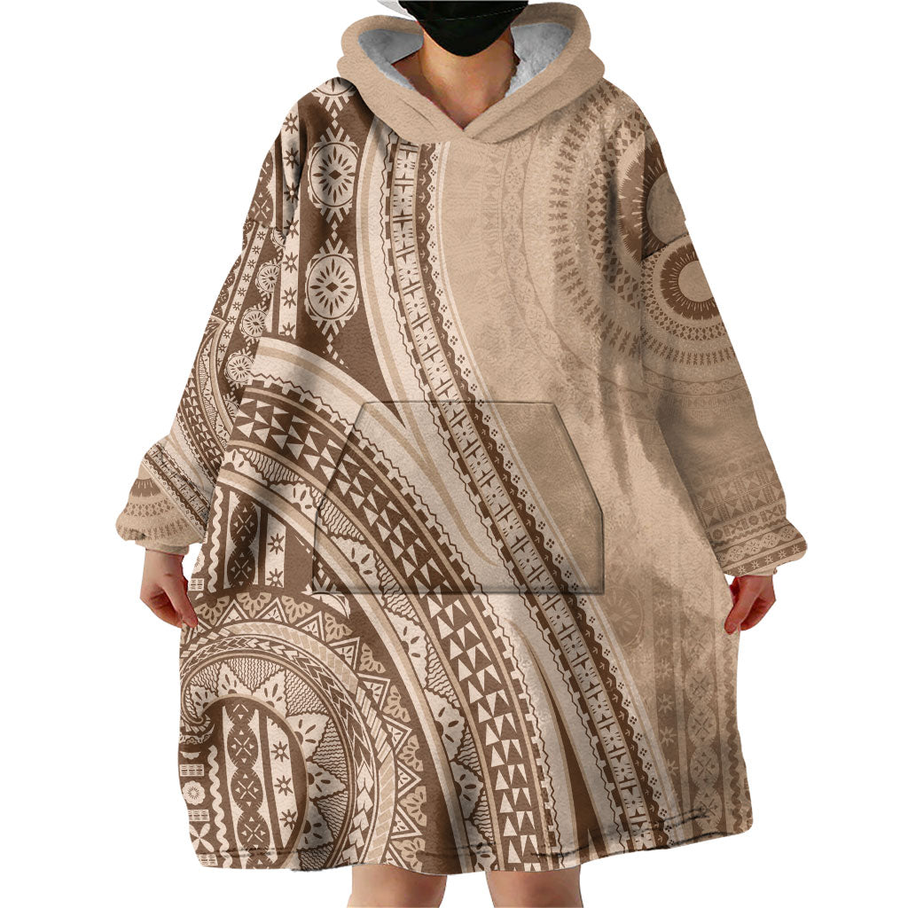 Bula Fiji Vintage Tapa Wearable Blanket Hoodie Kaivity Masi Wave Motifs - Mocha