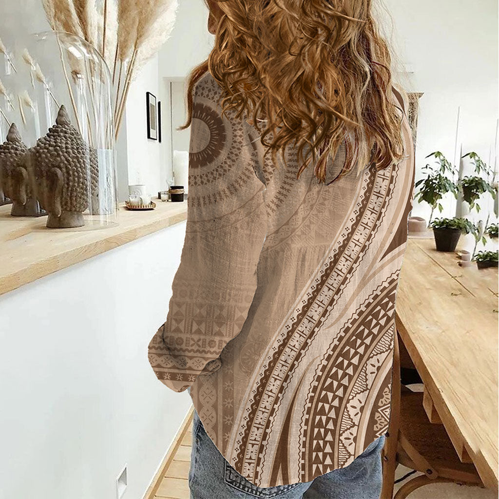 Bula Fiji Vintage Tapa Women Casual Shirt Kaivity Masi Wave Motifs - Mocha