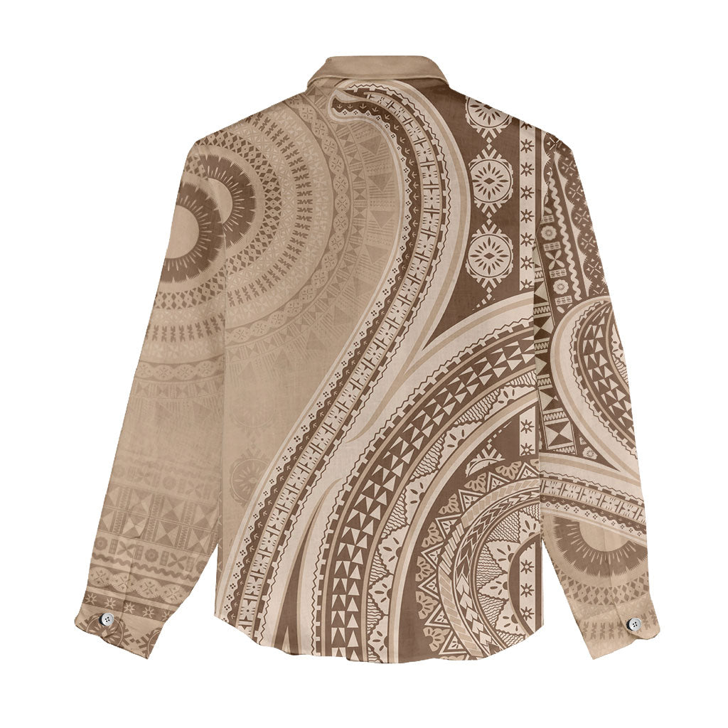 Bula Fiji Vintage Tapa Women Casual Shirt Kaivity Masi Wave Motifs - Mocha