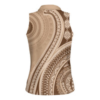 Bula Fiji Vintage Tapa Women Sleeveless Polo Shirt Kaivity Masi Wave Motifs - Mocha LT7 - Polynesian Pride