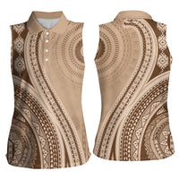 Bula Fiji Vintage Tapa Women Sleeveless Polo Shirt Kaivity Masi Wave Motifs - Mocha LT7 - Polynesian Pride