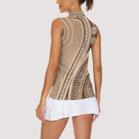 Bula Fiji Vintage Tapa Women Sleeveless Polo Shirt Kaivity Masi Wave Motifs - Mocha LT7 - Polynesian Pride