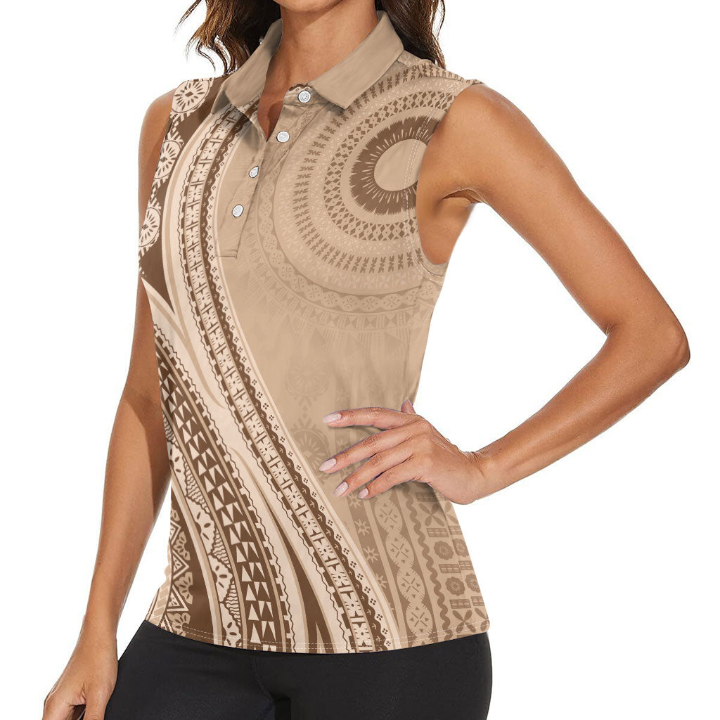 Bula Fiji Vintage Tapa Women Sleeveless Polo Shirt Kaivity Masi Wave Motifs - Mocha LT7 - Polynesian Pride