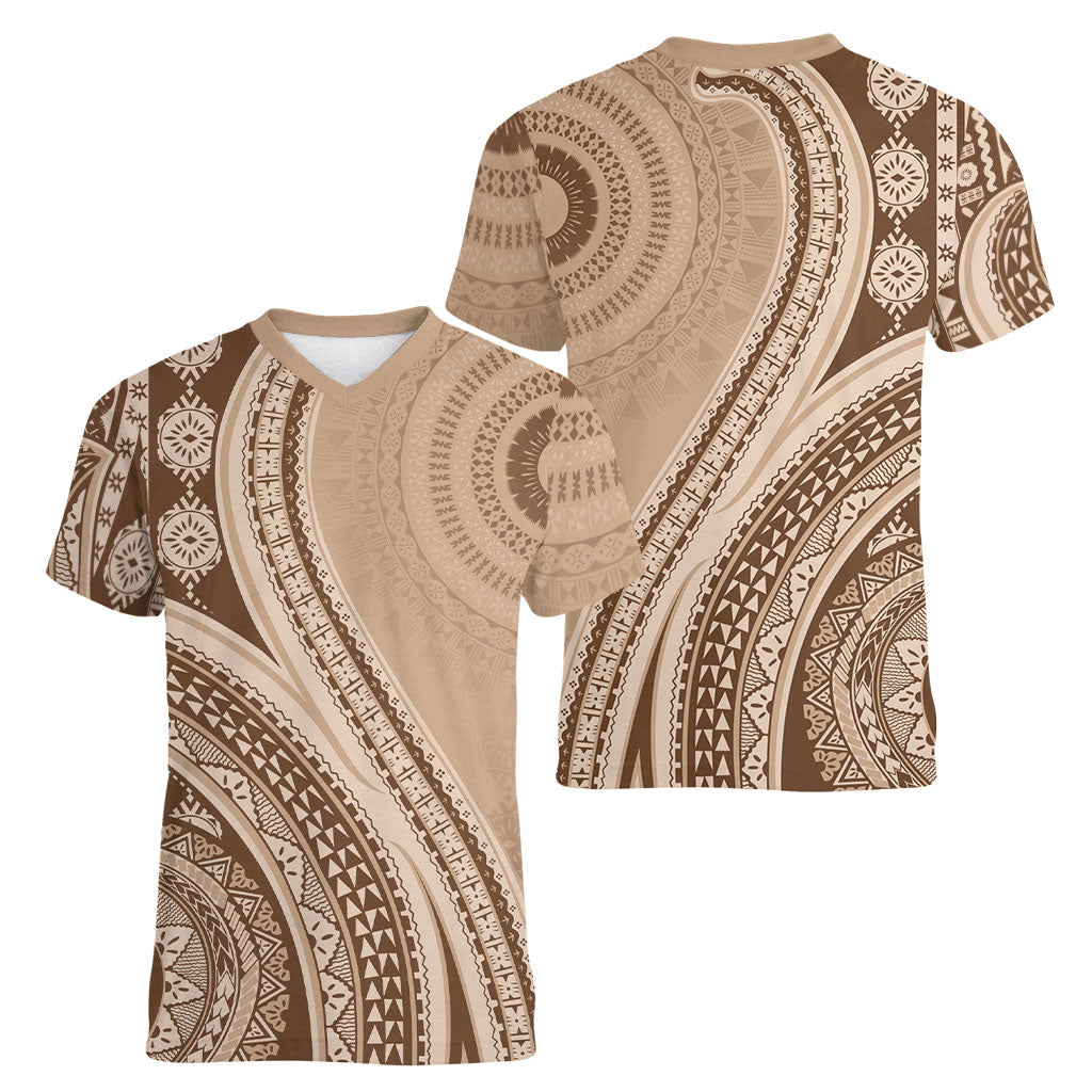 Bula Fiji Vintage Tapa Women V-Neck T-Shirt Kaivity Masi Wave Motifs - Mocha