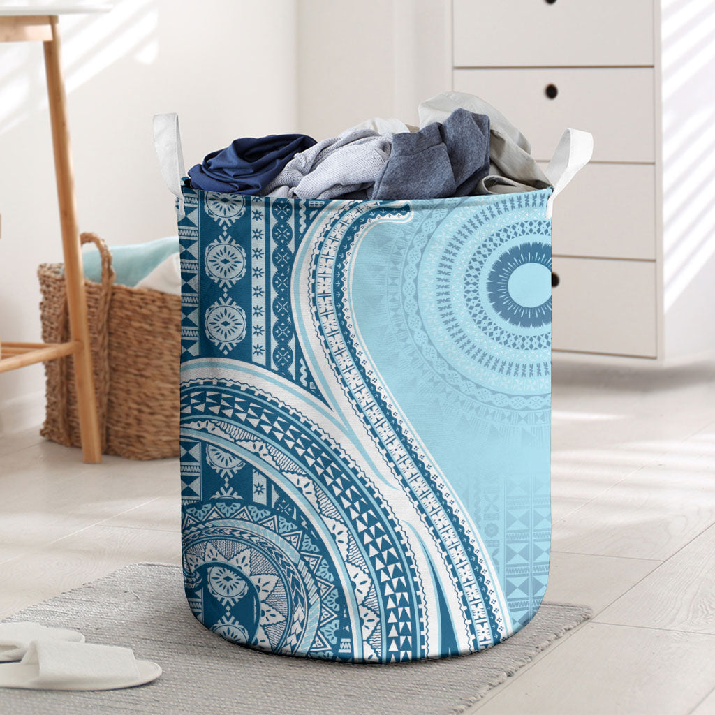 Bula Fiji Vintage Tapa Laundry Basket Kaivity Masi Wave Motifs - Turquoise