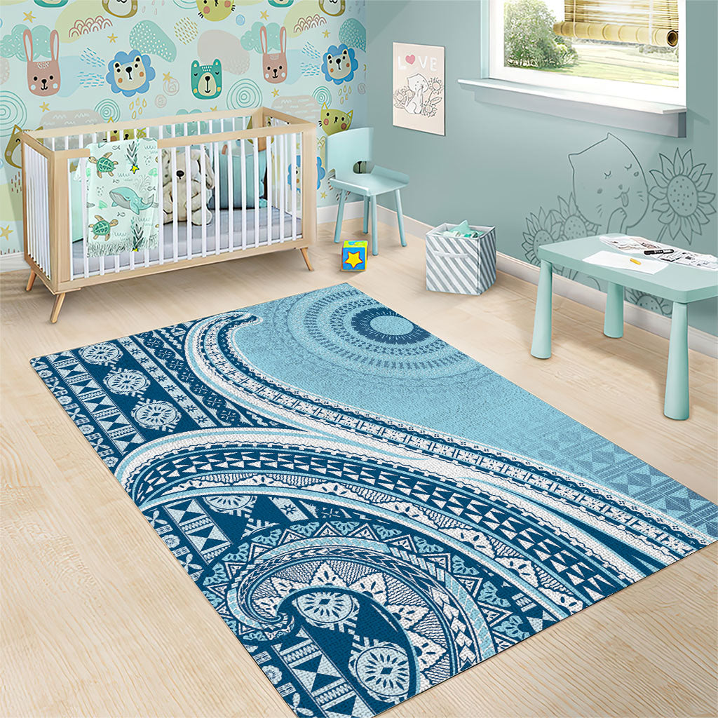Bula Fiji Vintage Tapa Area Rug Kaivity Masi Wave Motifs - Turquoise