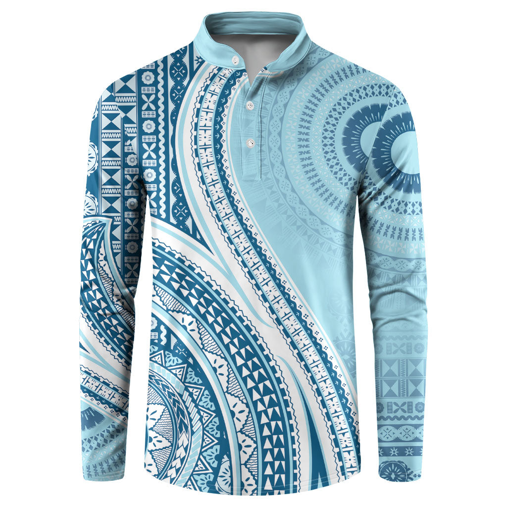 Bula Fiji Vintage Tapa Button Sweatshirt Kaivity Masi Wave Motifs - Turquoise