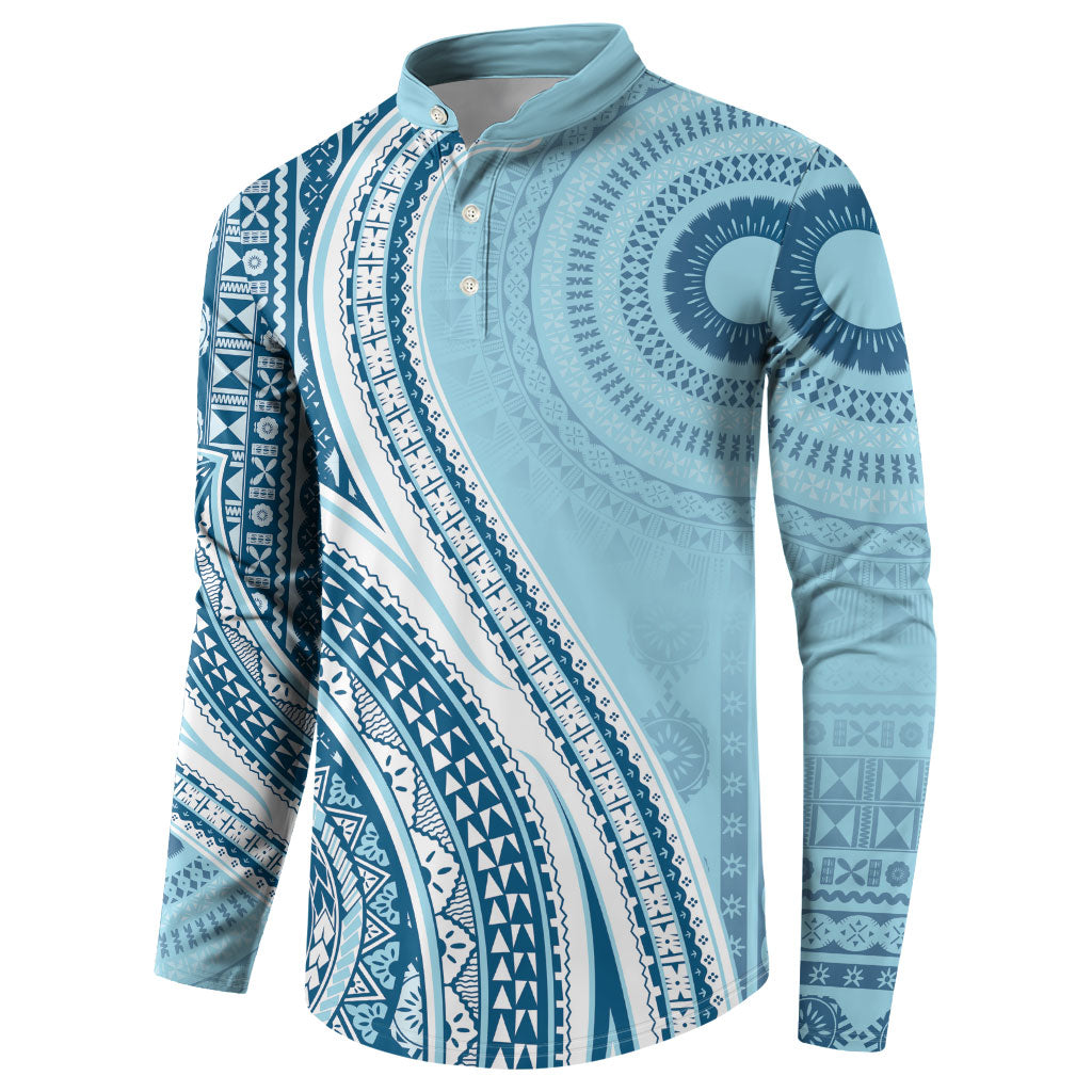 Bula Fiji Vintage Tapa Button Sweatshirt Kaivity Masi Wave Motifs - Turquoise