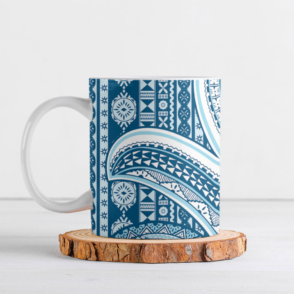 Bula Fiji Vintage Tapa Ceramic Mug Kaivity Masi Wave Motifs - Turquoise