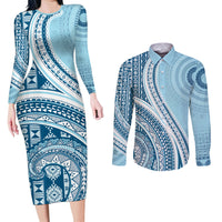 Bula Fiji Vintage Tapa Couples Matching Long Sleeve Bodycon Dress and Long Sleeve Button Shirt Kaivity Masi Wave Motifs - Turquoise LT7 Turquoise - Polynesian Pride