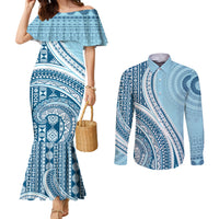 Bula Fiji Vintage Tapa Couples Matching Mermaid Dress and Long Sleeve Button Shirt Kaivity Masi Wave Motifs - Turquoise LT7 Turquoise - Polynesian Pride