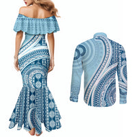 Bula Fiji Vintage Tapa Couples Matching Mermaid Dress and Long Sleeve Button Shirt Kaivity Masi Wave Motifs - Turquoise LT7 - Polynesian Pride