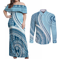 Bula Fiji Vintage Tapa Couples Matching Off Shoulder Maxi Dress and Long Sleeve Button Shirt Kaivity Masi Wave Motifs - Turquoise