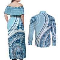 Bula Fiji Vintage Tapa Couples Matching Off Shoulder Maxi Dress and Long Sleeve Button Shirt Kaivity Masi Wave Motifs - Turquoise