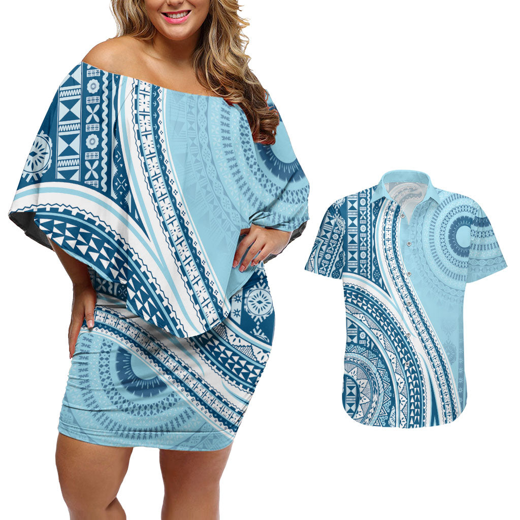 Bula Fiji Vintage Tapa Couples Matching Off Shoulder Short Dress and Hawaiian Shirt Kaivity Masi Wave Motifs - Turquoise LT7 Turquoise - Polynesian Pride