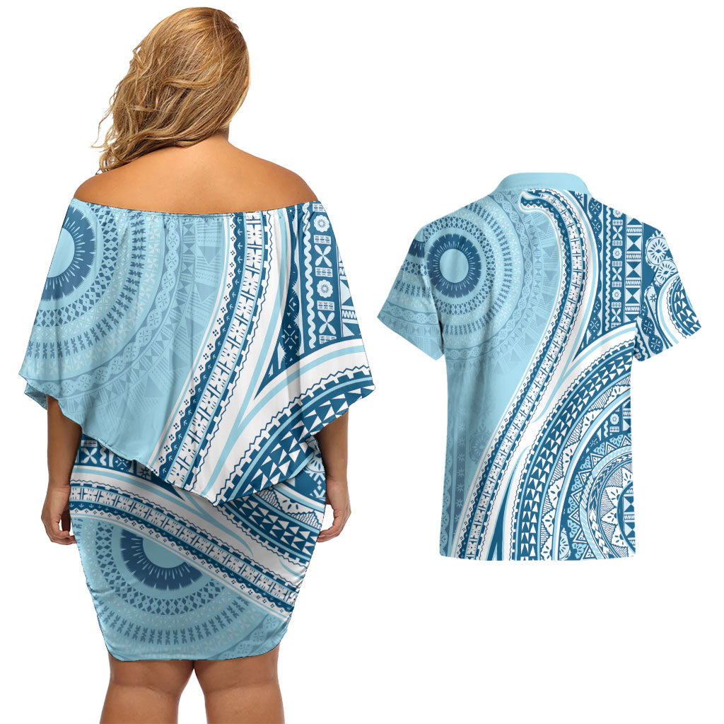 Bula Fiji Vintage Tapa Couples Matching Off Shoulder Short Dress and Hawaiian Shirt Kaivity Masi Wave Motifs - Turquoise LT7 - Polynesian Pride