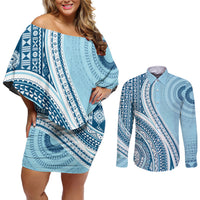 Bula Fiji Vintage Tapa Couples Matching Off Shoulder Short Dress and Long Sleeve Button Shirt Kaivity Masi Wave Motifs - Turquoise