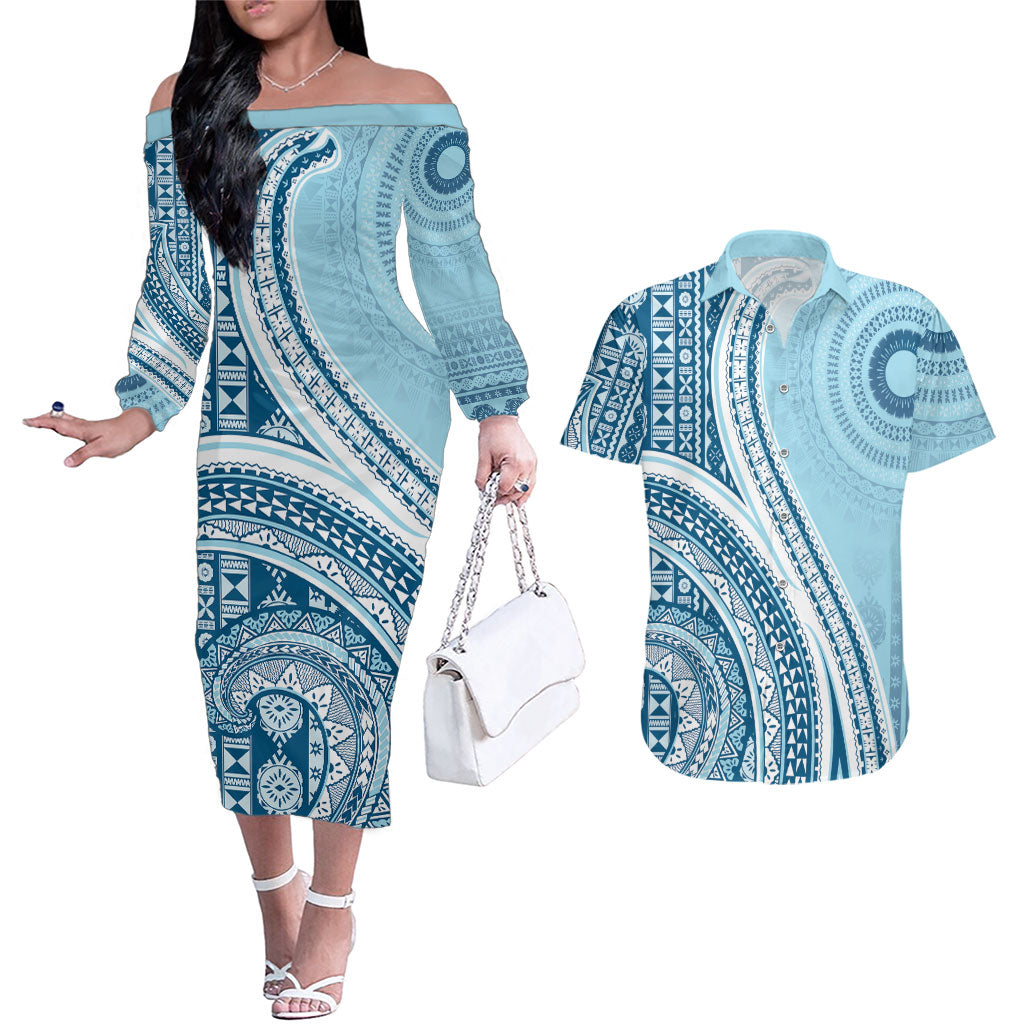 Bula Fiji Vintage Tapa Couples Matching Off The Shoulder Long Sleeve Dress and Hawaiian Shirt Kaivity Masi Wave Motifs - Turquoise