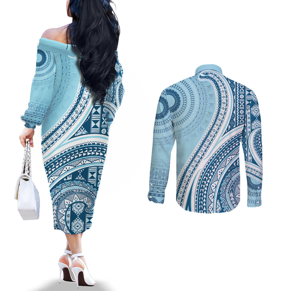 Bula Fiji Vintage Tapa Couples Matching Off The Shoulder Long Sleeve Dress and Long Sleeve Button Shirt Kaivity Masi Wave Motifs - Turquoise LT7 - Polynesian Pride