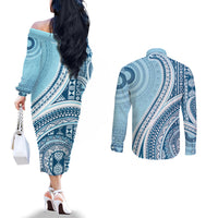 Bula Fiji Vintage Tapa Couples Matching Off The Shoulder Long Sleeve Dress and Long Sleeve Button Shirt Kaivity Masi Wave Motifs - Turquoise LT7 - Polynesian Pride