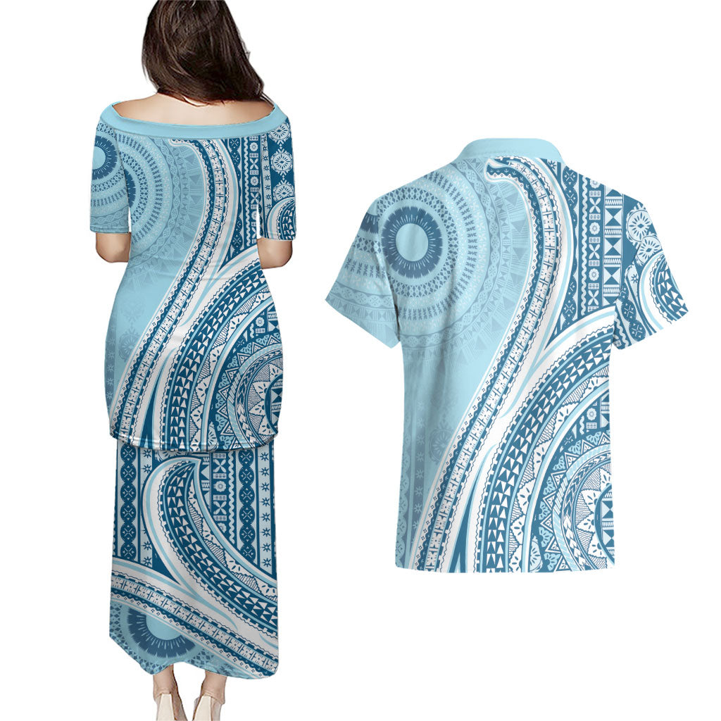 Bula Fiji Vintage Tapa Couples Matching Puletasi and Hawaiian Shirt Kaivity Masi Wave Motifs - Turquoise
