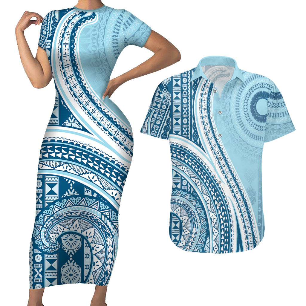 Bula Fiji Vintage Tapa Couples Matching Short Sleeve Bodycon Dress and Hawaiian Shirt Kaivity Masi Wave Motifs - Turquoise