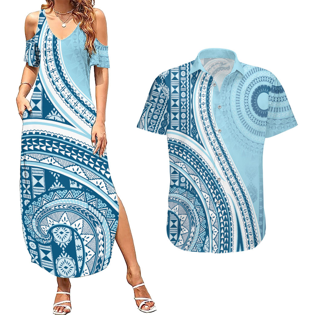 Bula Fiji Vintage Tapa Couples Matching Summer Maxi Dress and Hawaiian Shirt Kaivity Masi Wave Motifs - Turquoise LT7 Turquoise - Polynesian Pride