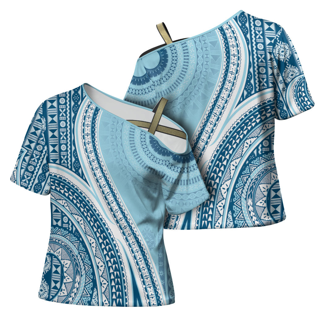 Bula Fiji Vintage Tapa Cross Shoulder Shirt Kaivity Masi Wave Motifs - Turquoise