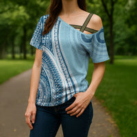 Bula Fiji Vintage Tapa Cross Shoulder Shirt Kaivity Masi Wave Motifs - Turquoise
