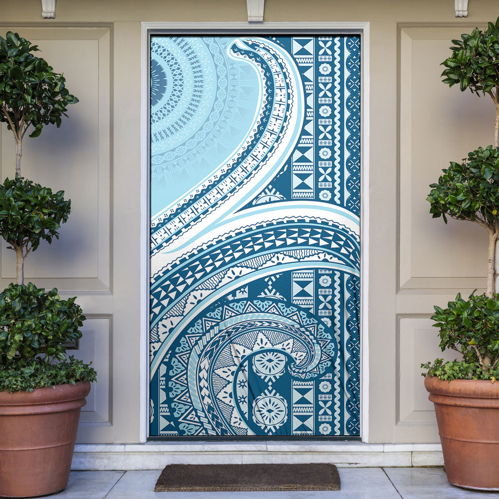Bula Fiji Vintage Tapa Door Cover Kaivity Masi Wave Motifs - Turquoise