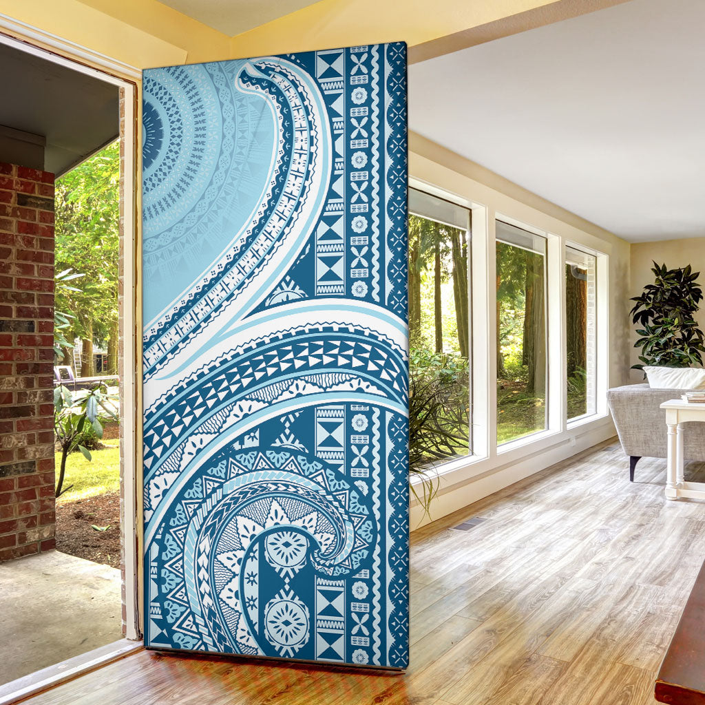 Bula Fiji Vintage Tapa Door Cover Kaivity Masi Wave Motifs - Turquoise