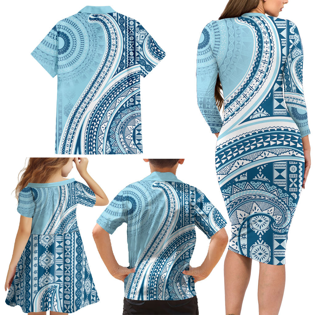 Bula Fiji Vintage Tapa Family Matching Long Sleeve Bodycon Dress and Hawaiian Shirt Kaivity Masi Wave Motifs - Turquoise LT7 - Polynesian Pride
