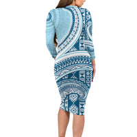 Bula Fiji Vintage Tapa Family Matching Long Sleeve Bodycon Dress and Hawaiian Shirt Kaivity Masi Wave Motifs - Turquoise LT7 - Polynesian Pride