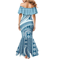 Bula Fiji Vintage Tapa Family Matching Mermaid Dress and Hawaiian Shirt Kaivity Masi Wave Motifs - Turquoise