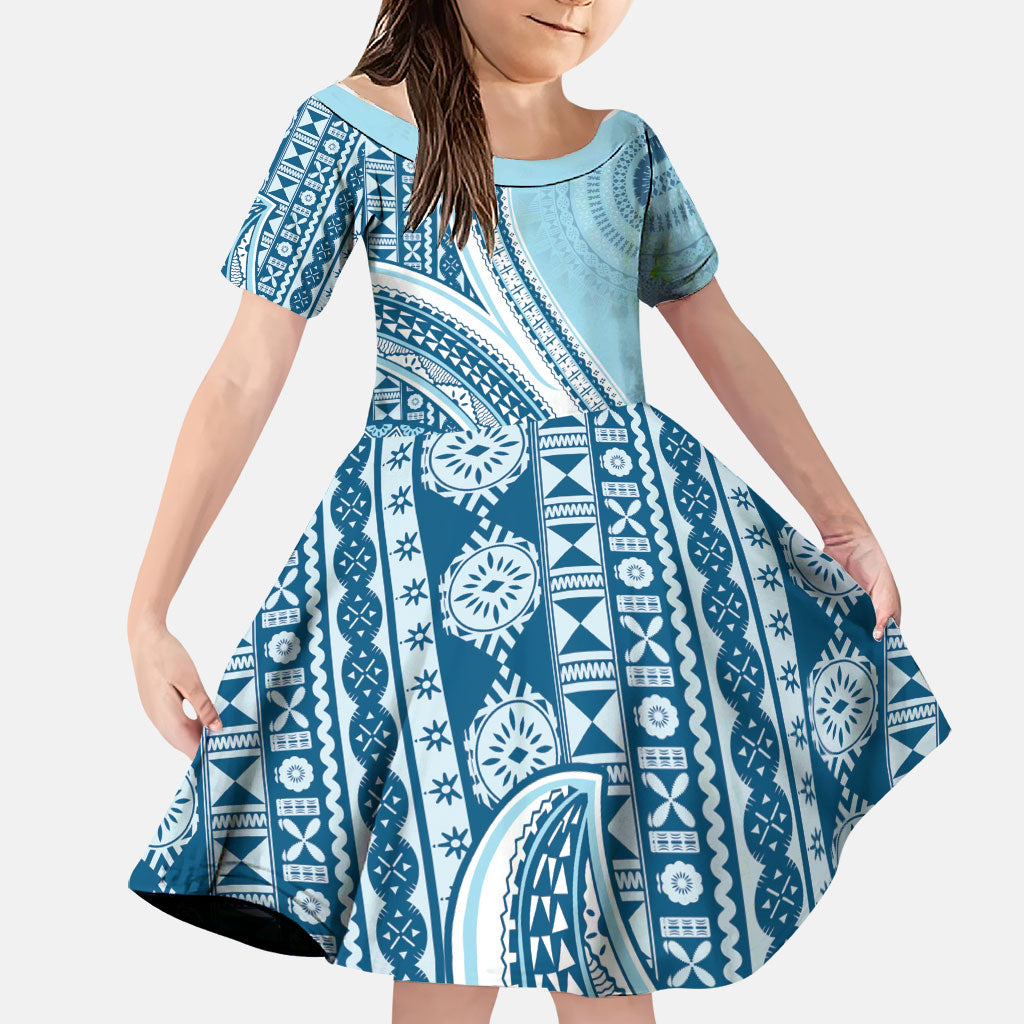 Bula Fiji Vintage Tapa Family Matching Off The Shoulder Long Sleeve Dress and Hawaiian Shirt Kaivity Masi Wave Motifs - Turquoise