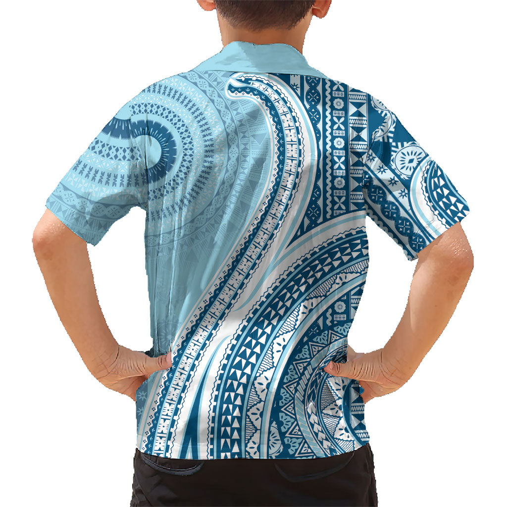 Bula Fiji Vintage Tapa Family Matching Off Shoulder Maxi Dress and Hawaiian Shirt Kaivity Masi Wave Motifs - Turquoise LT7 - Polynesian Pride