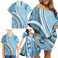Bula Fiji Vintage Tapa Family Matching Off Shoulder Short Dress and Hawaiian Shirt Kaivity Masi Wave Motifs - Turquoise LT7 - Polynesian Pride