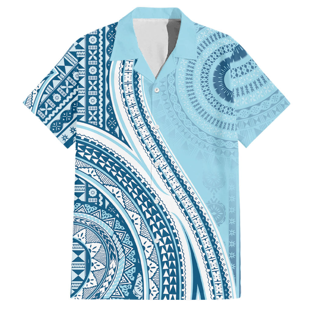 Bula Fiji Vintage Tapa Family Matching Off Shoulder Short Dress and Hawaiian Shirt Kaivity Masi Wave Motifs - Turquoise LT7 Dad's Shirt - Short Sleeve Turquoise - Polynesian Pride
