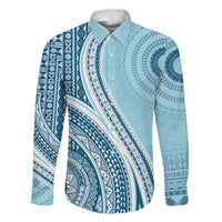 Bula Fiji Vintage Tapa Family Matching Off Shoulder Short Dress and Hawaiian Shirt Kaivity Masi Wave Motifs - Turquoise LT7 Dad's Shirt - Long Sleeve Turquoise - Polynesian Pride