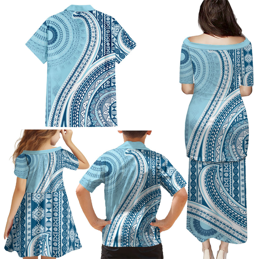 Bula Fiji Vintage Tapa Family Matching Puletasi and Hawaiian Shirt Kaivity Masi Wave Motifs - Turquoise LT7 - Polynesian Pride