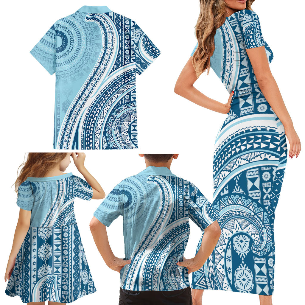 Bula Fiji Vintage Tapa Family Matching Short Sleeve Bodycon Dress and Hawaiian Shirt Kaivity Masi Wave Motifs - Turquoise LT7 - Polynesian Pride