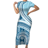 Bula Fiji Vintage Tapa Family Matching Short Sleeve Bodycon Dress and Hawaiian Shirt Kaivity Masi Wave Motifs - Turquoise LT7 Mom's Dress Turquoise - Polynesian Pride